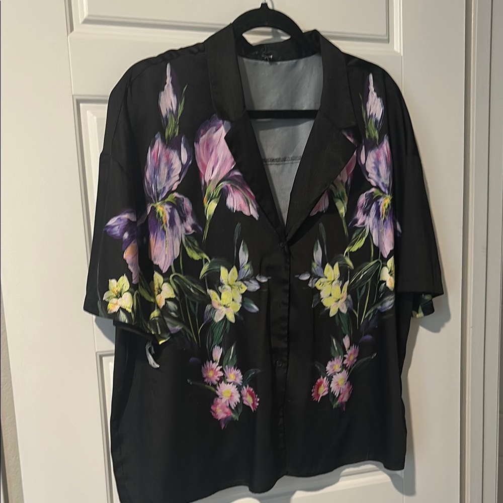 Express Black and Purple Button Down Shirt with Floral Design